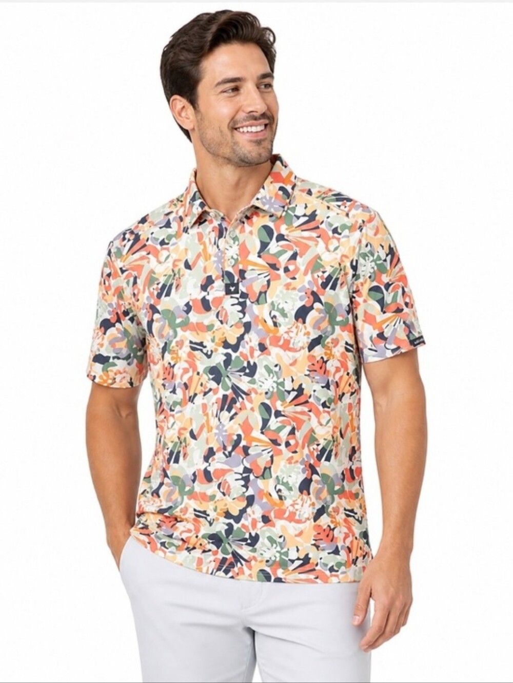Bad Birdie In Bloom Golf Polo Mens Medium Vibrant Floral Pattern Short Sleeve